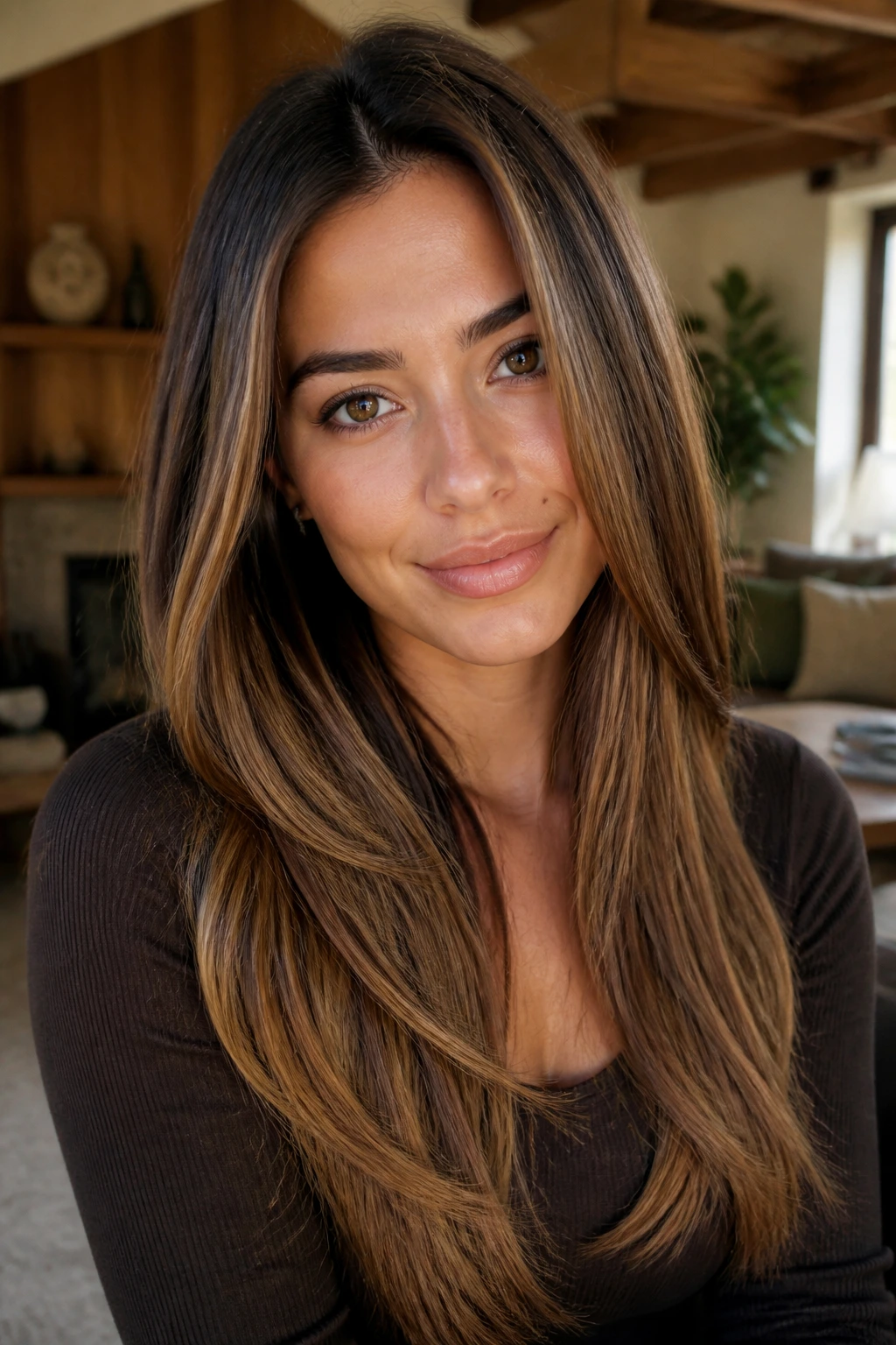 Close-up of straight hair with toffee swirl balayage.