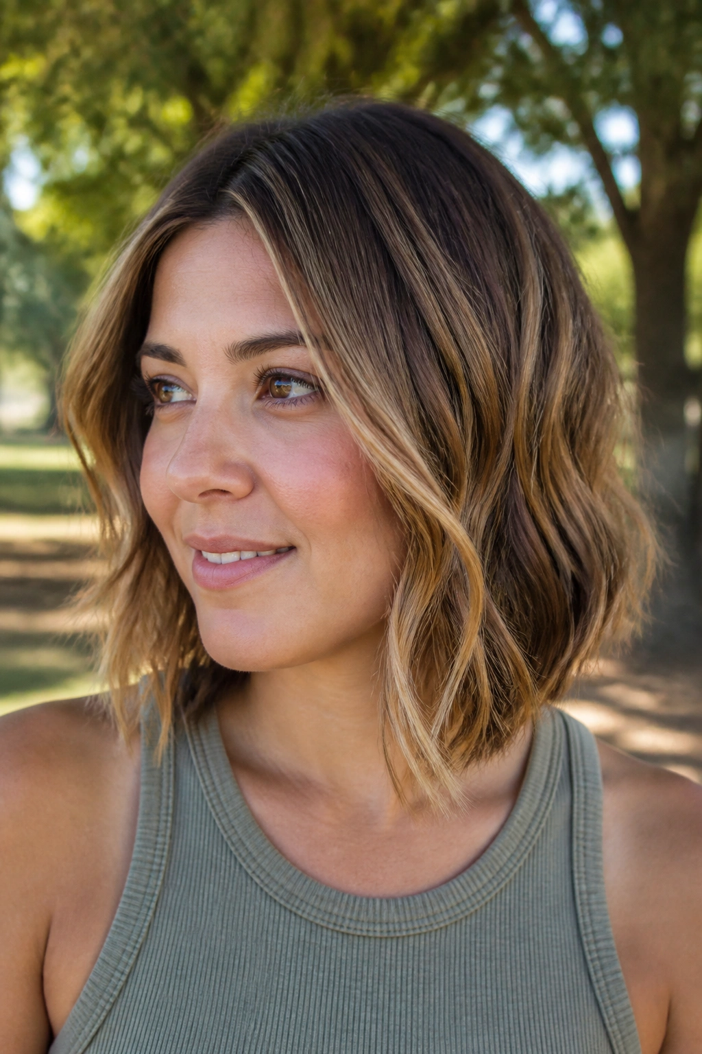 Close-up of a wavy bob with toffee balayage on a real woman.
