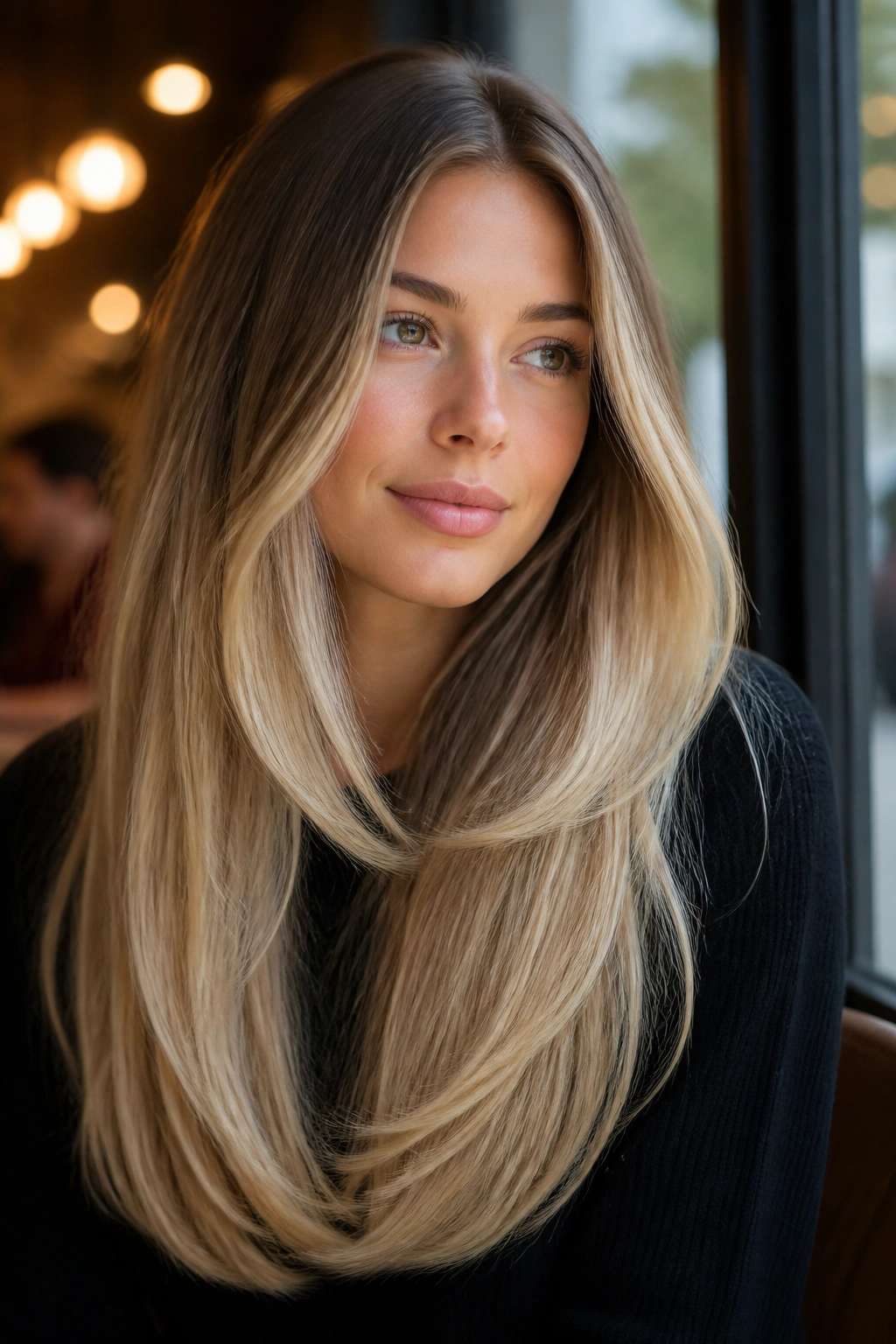 Real woman with soft balayage blonde ombre and a U-shaped cut.
