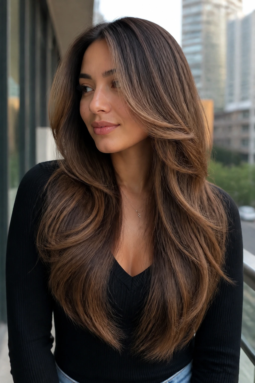 Close-up of real woman with V-cut chocolate balayage layers.