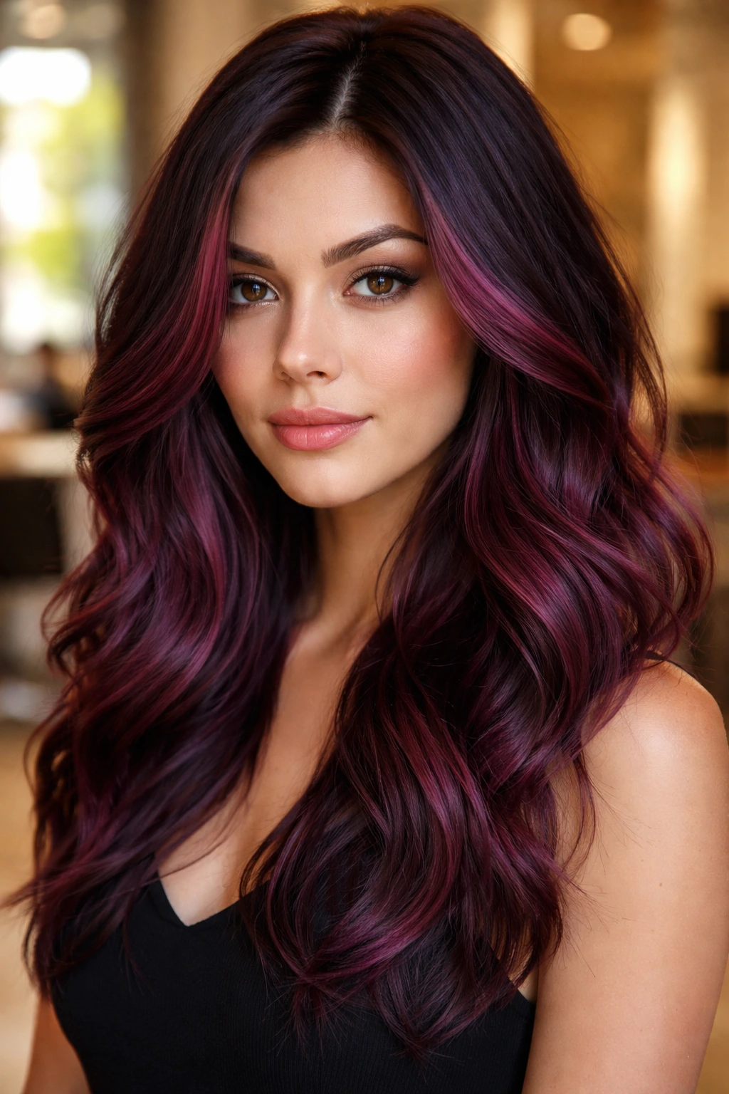 Close-up portrait of a real woman with violet wine balayage in a sunlit salon