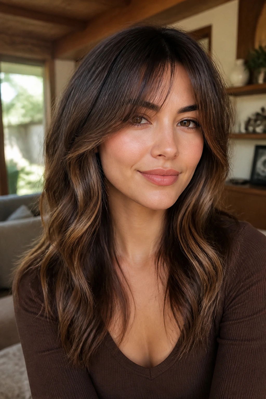 Close-up of a real woman with curtain bangs and warm brunette balayage in natural light