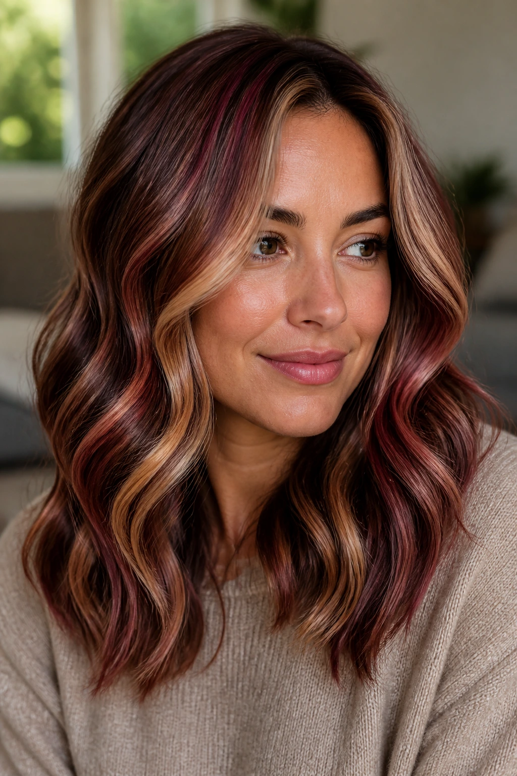 Close-up of a real woman with warm brunette hair featuring cranberry burgundy balayage and honey-blonde framing