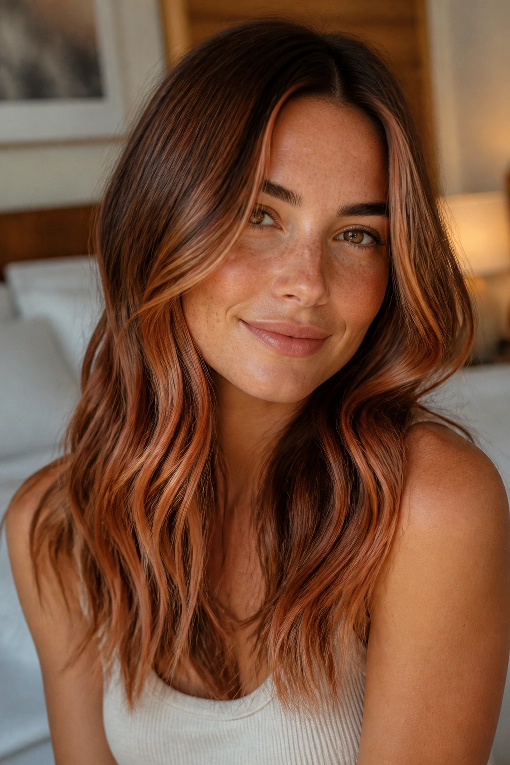Close-up portrait showing warm chestnut base with copper-peach ribbons in strawberry blonde balayage on brown hair