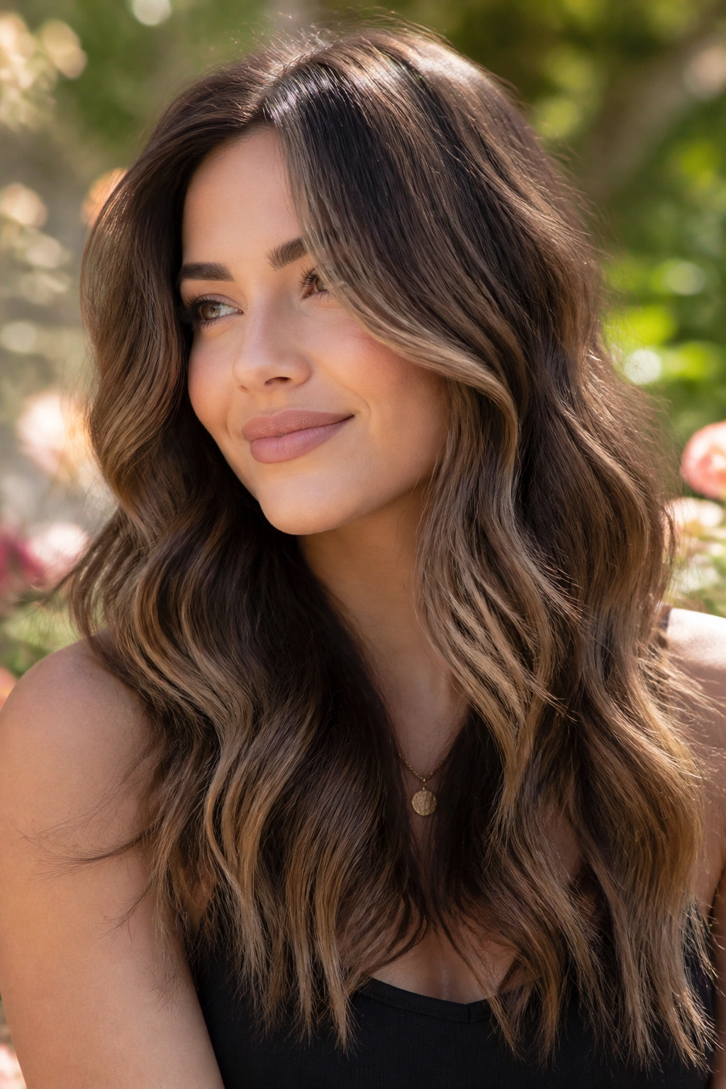 Real woman with soft balayage waves in medium brown hair
