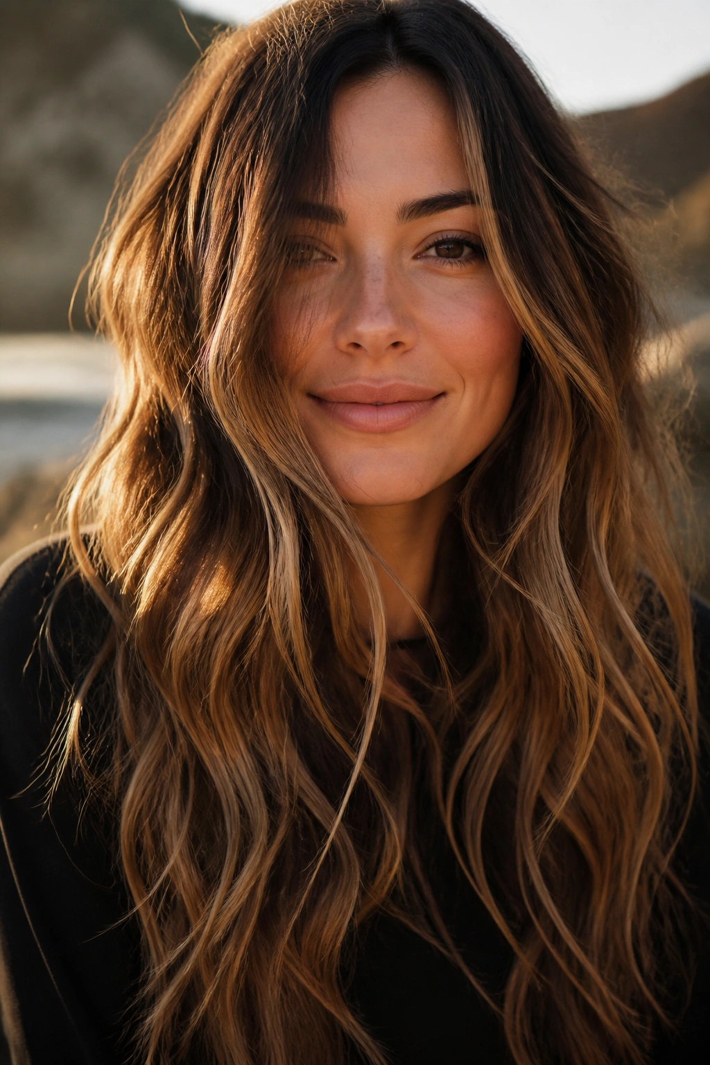 Close-up of a real woman's long brown hair with tousled beach waves and caramel balayage.