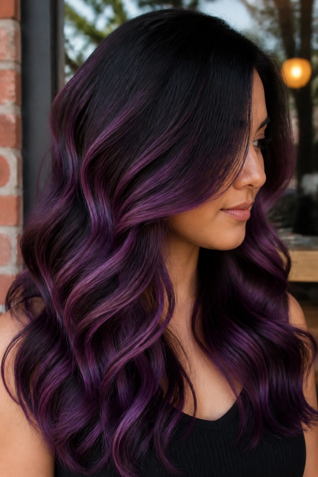 Medium close-up of wavy hair with curved S-pattern balayage in black and purple outdoors