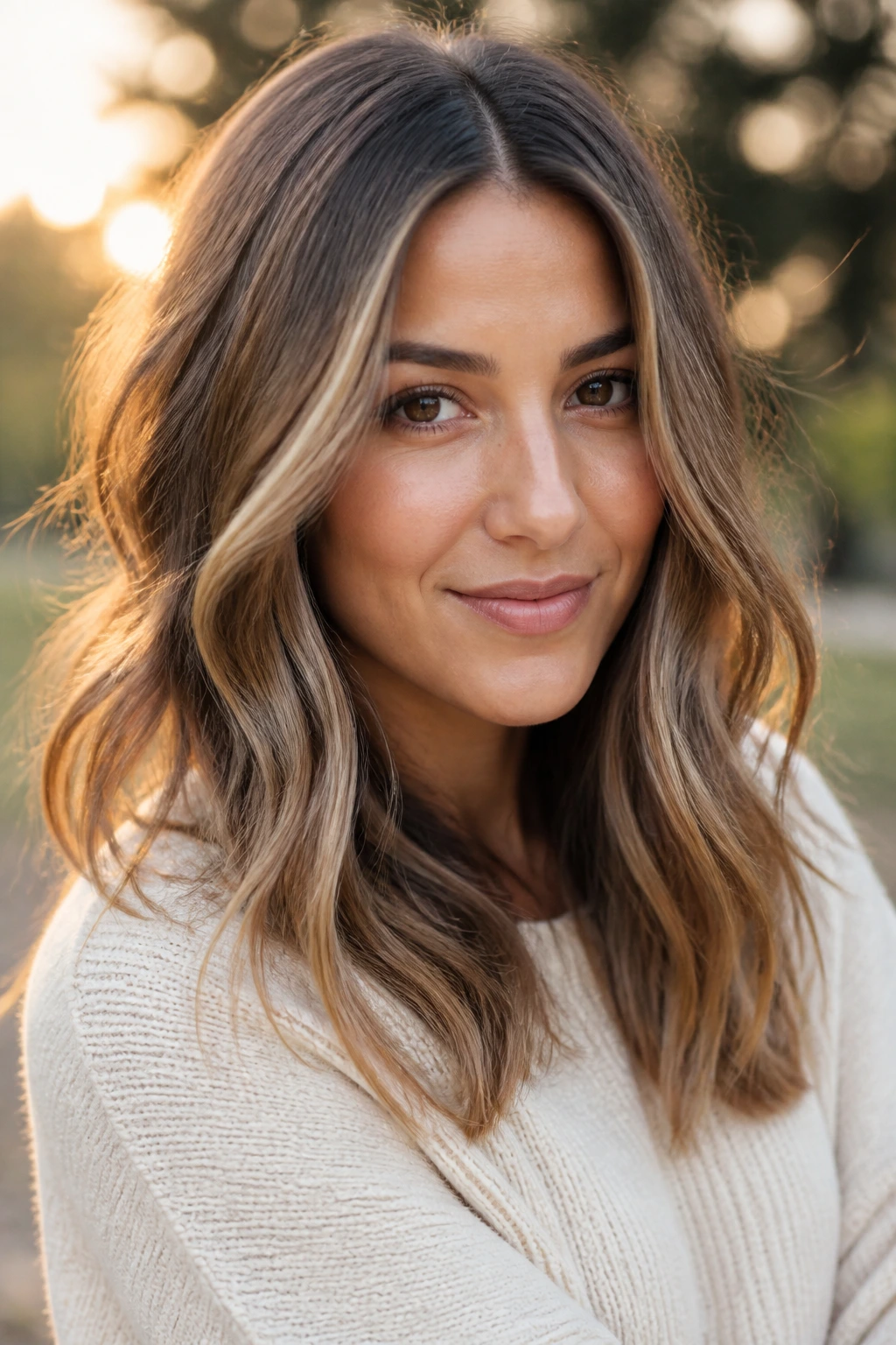 Close up of real woman with balayage waves and face-framing color in golden hour light