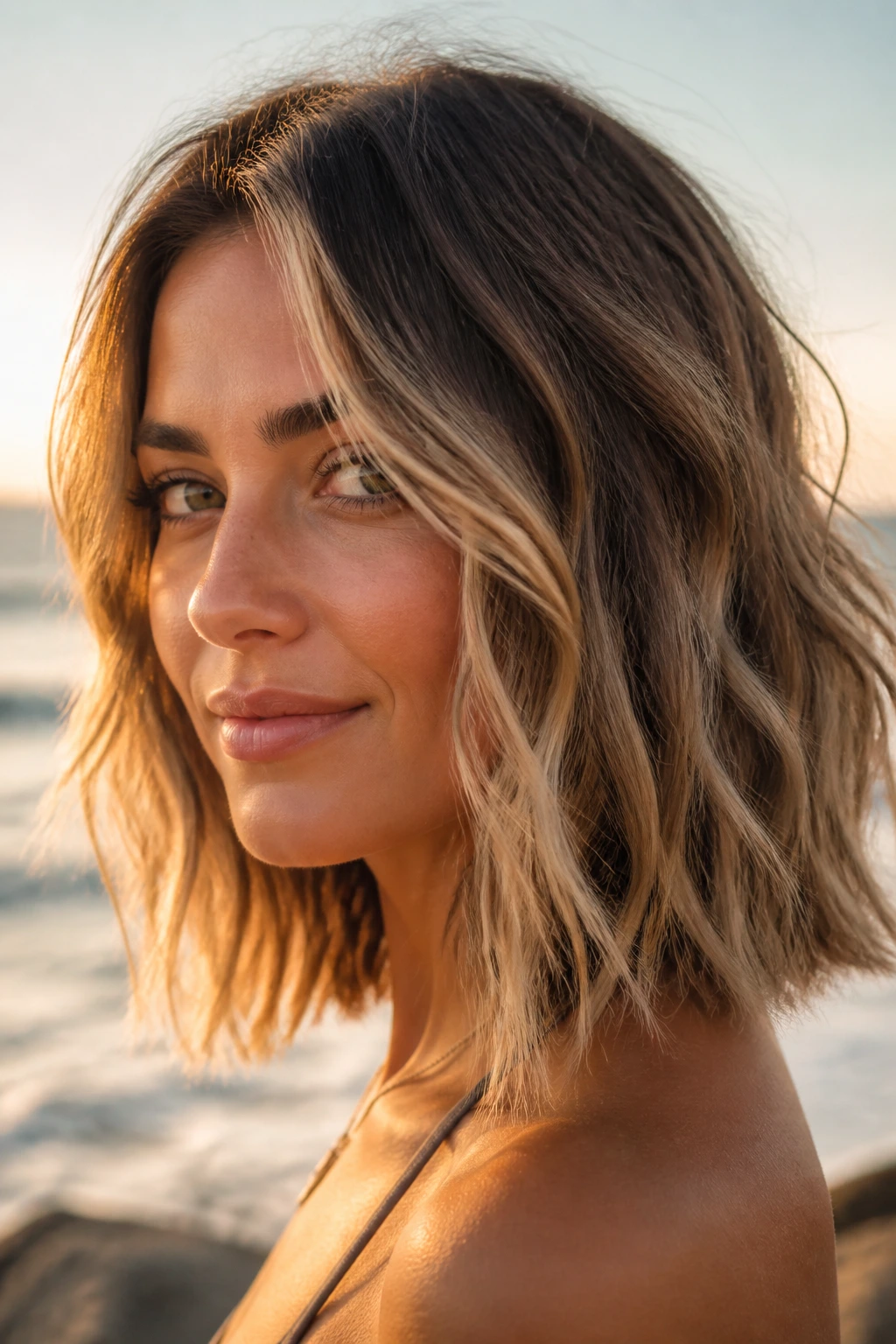 Real person with sun-kissed balayage and wavy lob in coastal light