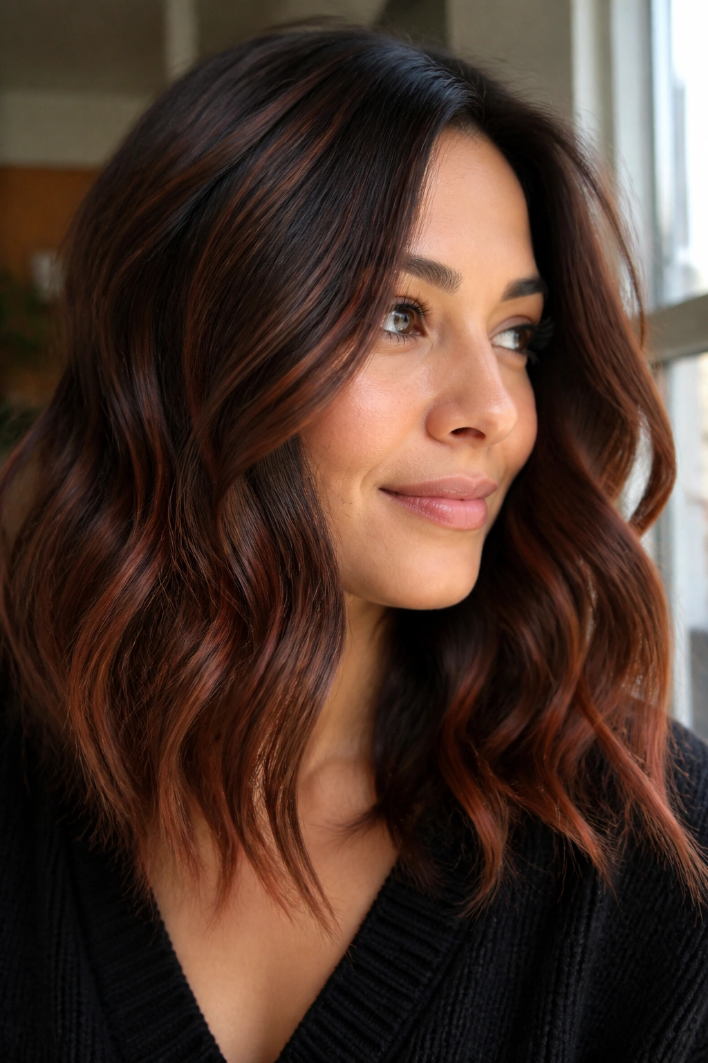 Close-up of a real woman with medium brown waves showing mahogany balayage along bends and ends