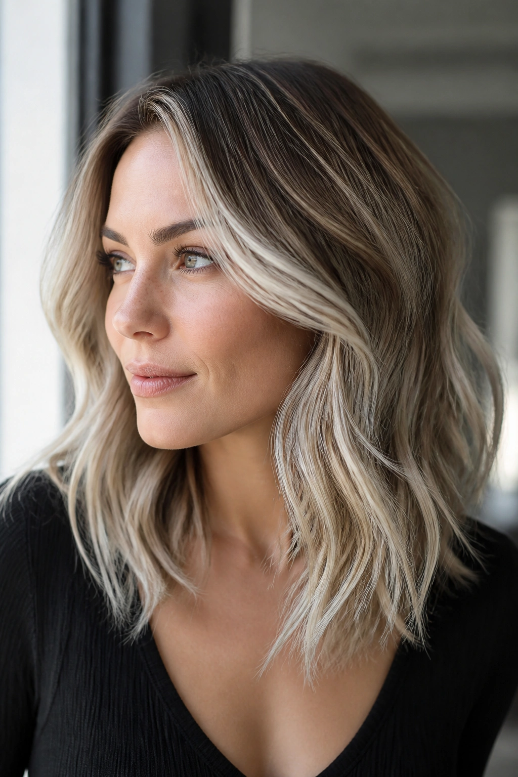 Real person with white blonde balayage on cool brown base under natural light