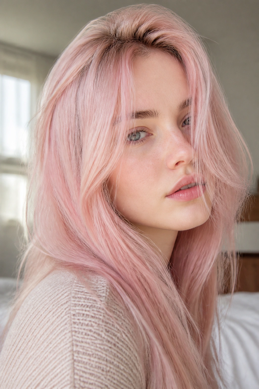 Close-up portrait of a real person with ballet slipper pink hair