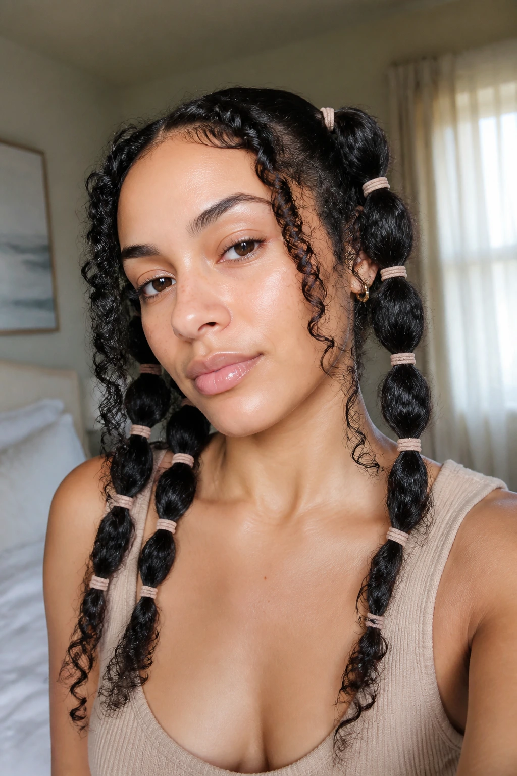 Close-up of a real woman with stretched curls and visible banding