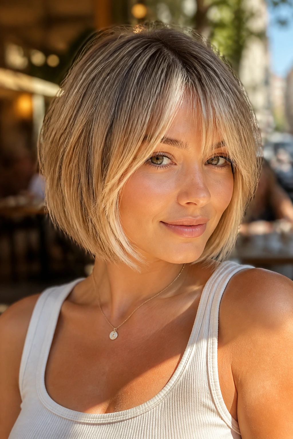 Close-up of a real woman with a short blonde bob and bangs showing a bang-blend money piece ribbon.