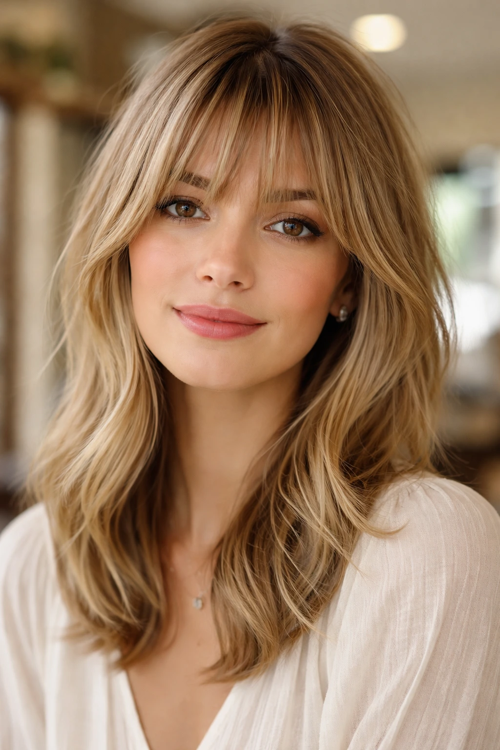 Portrait of a person with French bangs in a salon setting