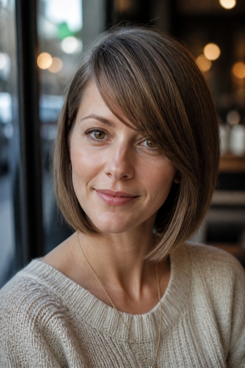 Close-up of a real woman with side bangs blending into a bob