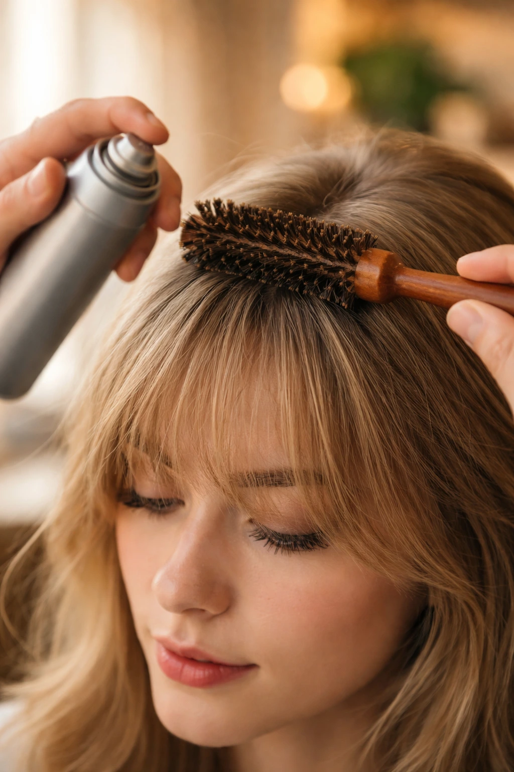 Close-up of bangs being styled with a round boar-bristle brush on a real person
