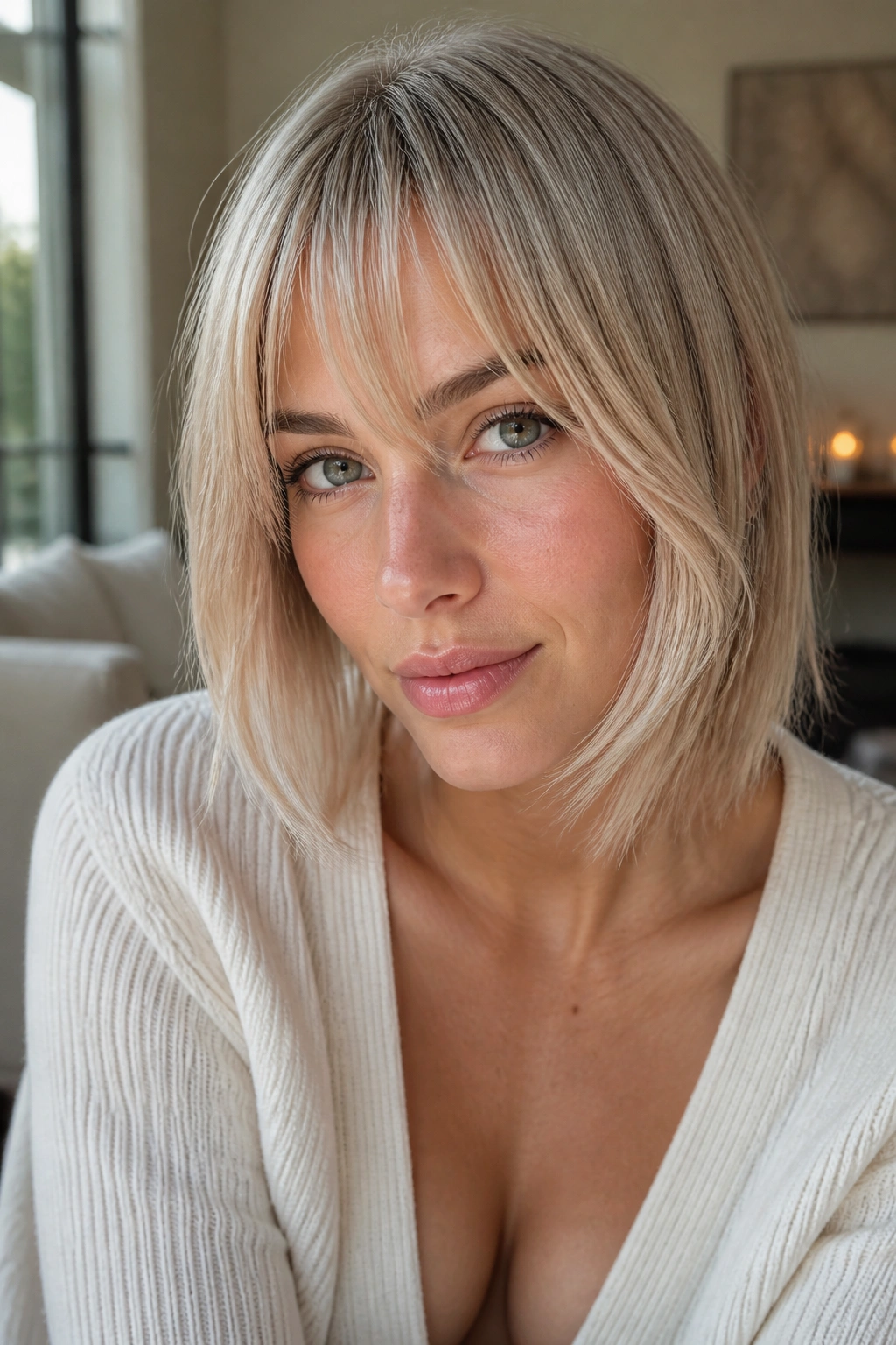 Close-up portrait of a real woman with cool blonde cheekbone-grazing bangs in icy tones.