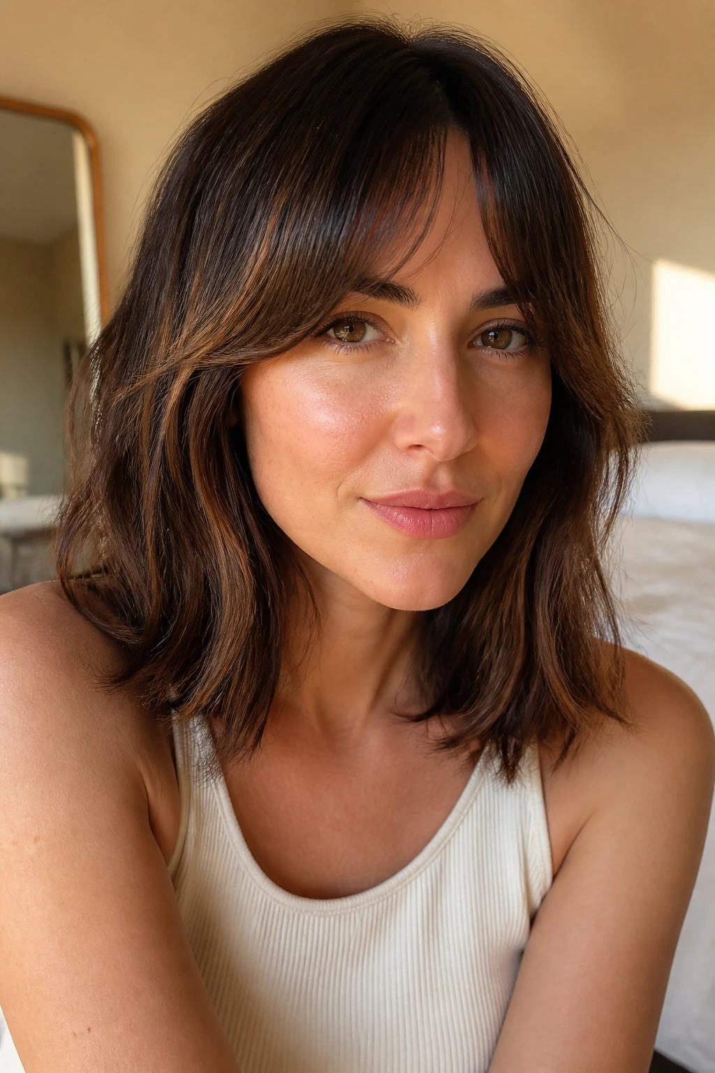 Close-up portrait of a real woman wearing Cheekbone-Kissing Bangs That Start Wider with wider temples and tapering center