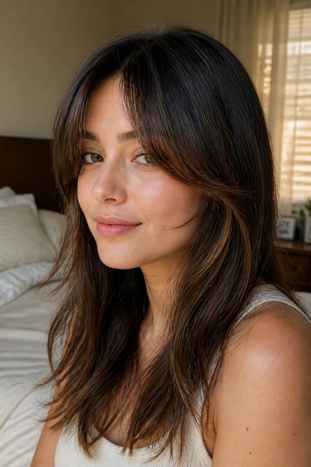 Close-up portrait of a woman with grown-out bangs resting at the cheekbones in warm bedroom light