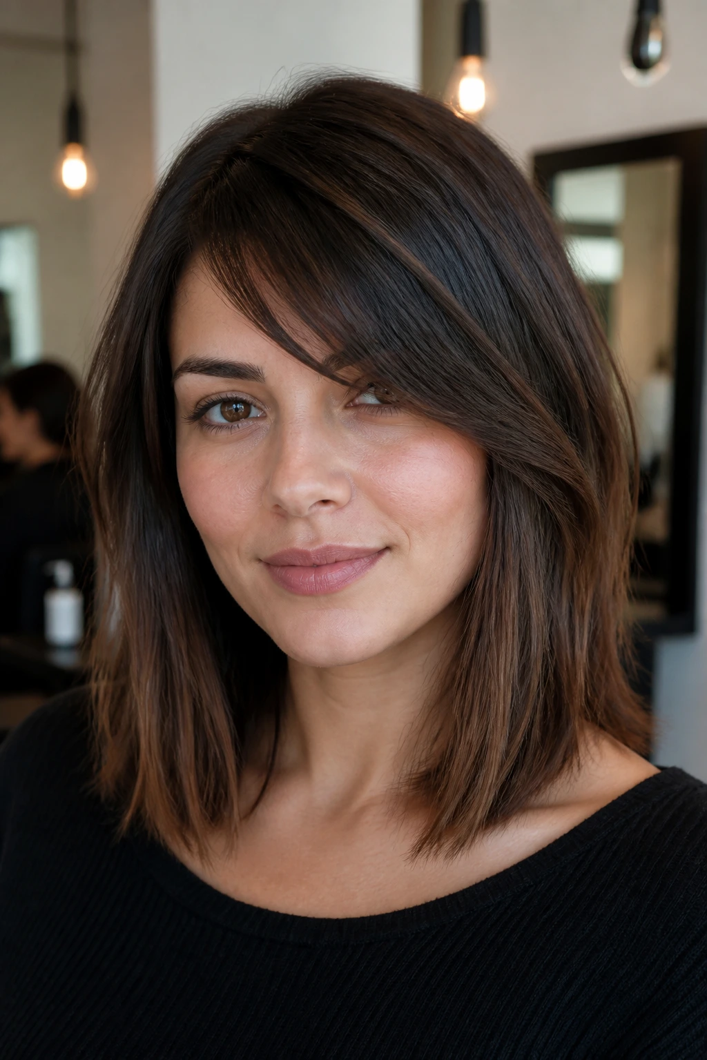 Close-up portrait of a real woman with diagonal bangs blending into a shoulder-length lob