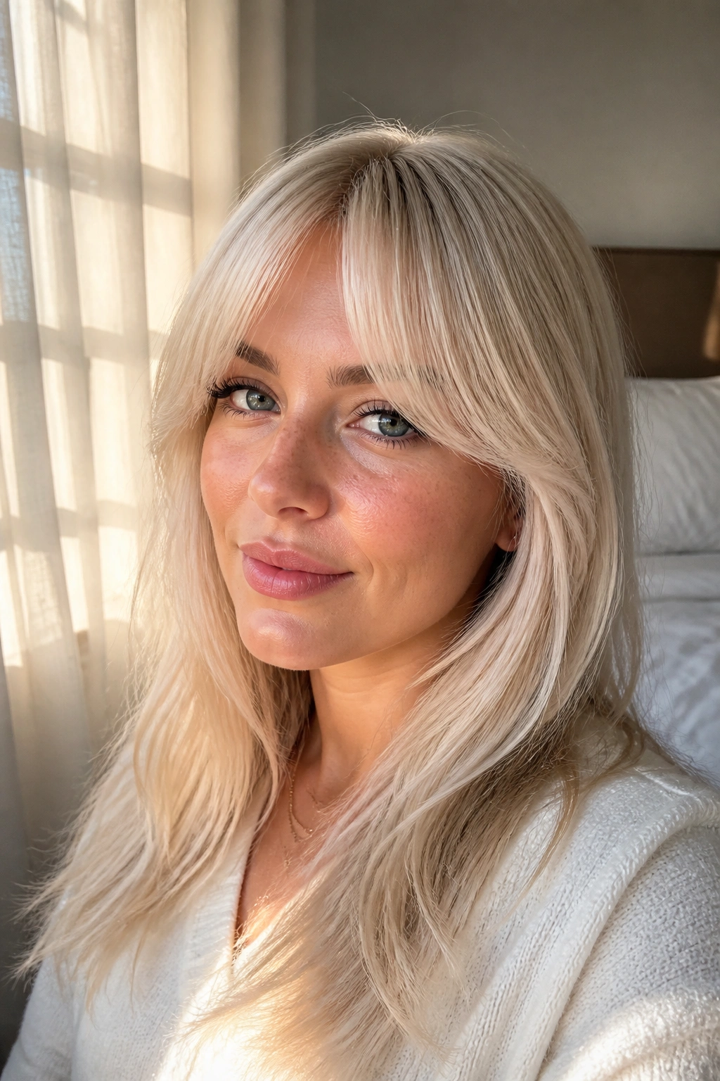 Close-up portrait of a woman with pearl blonde soft arched bangs in natural light