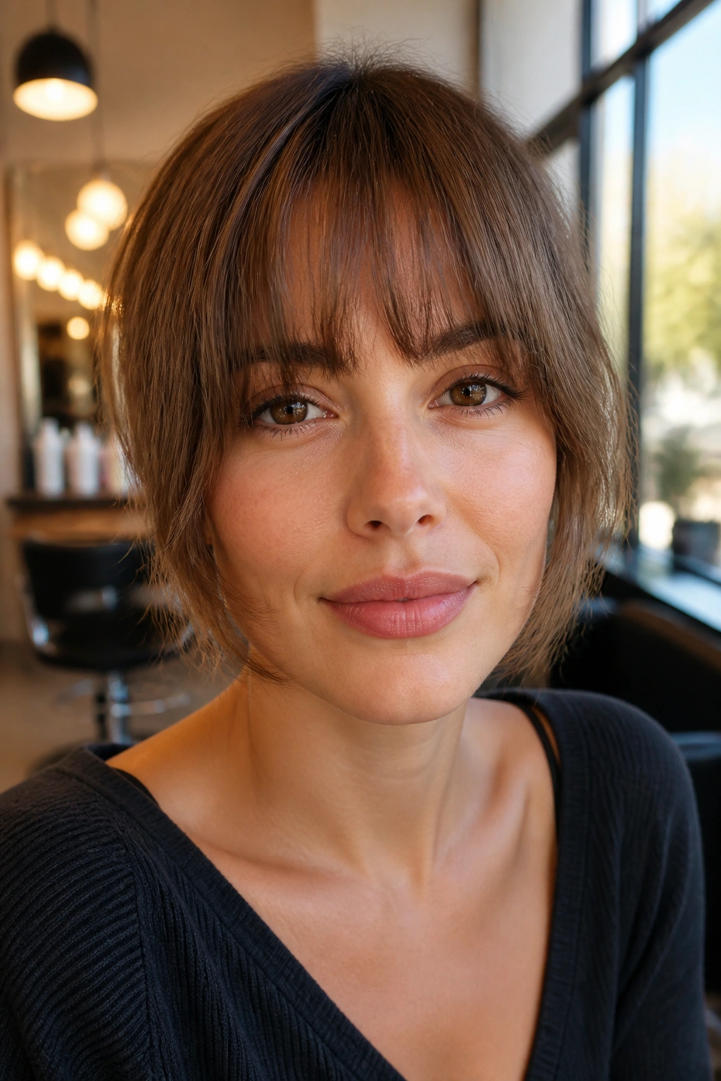 Close-up of a real woman with cheekbone-skimming French bangs in a warm salon setting