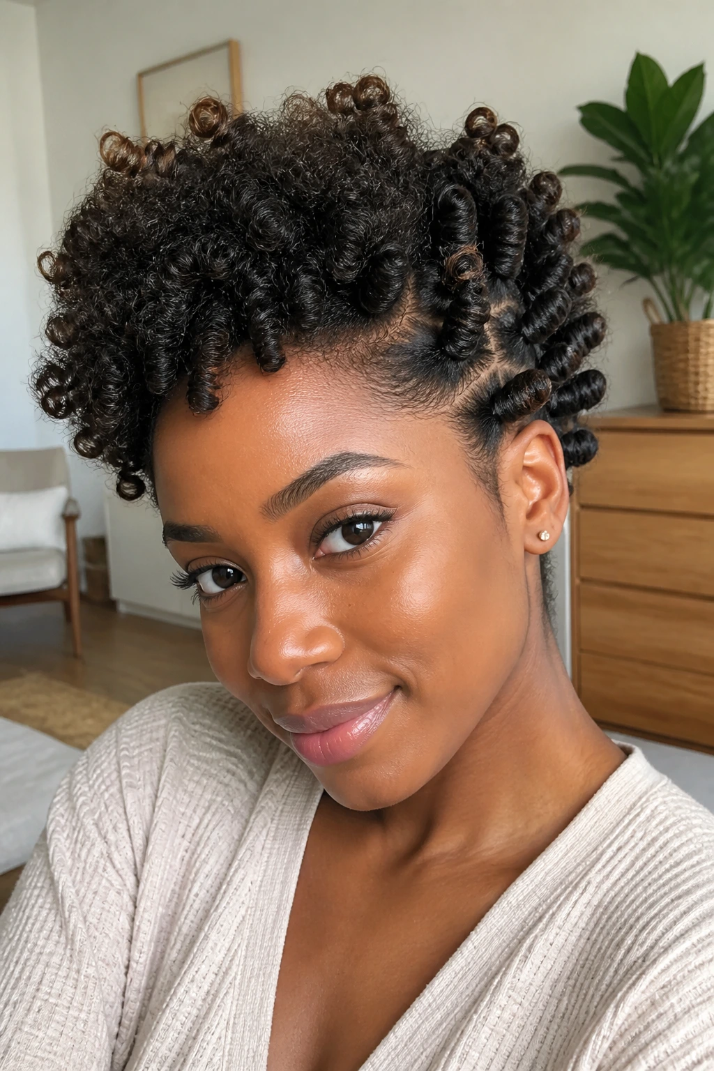 Close-up of real person with bantu knots and brushed crown for lift