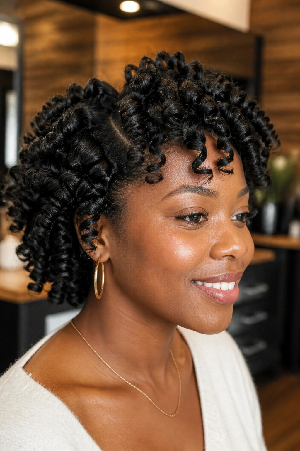 Close-up of a real person with defined bantu knot-out curls
