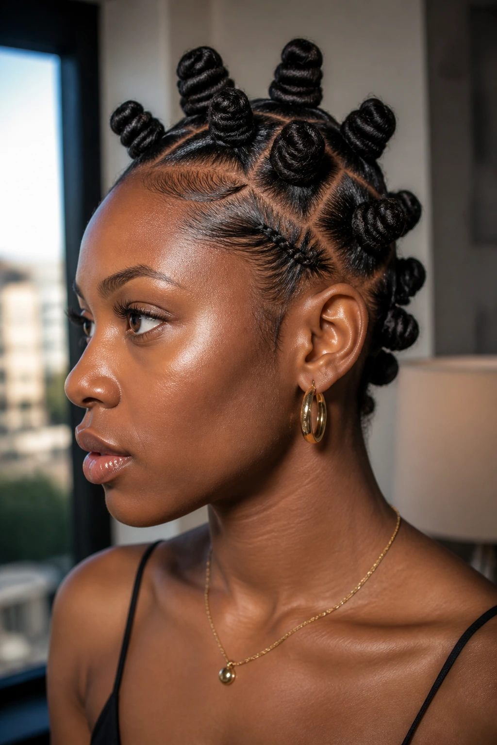 Close-up portrait of a real Black woman with a Bantu Knot Mohawk along the center and slicked back sides