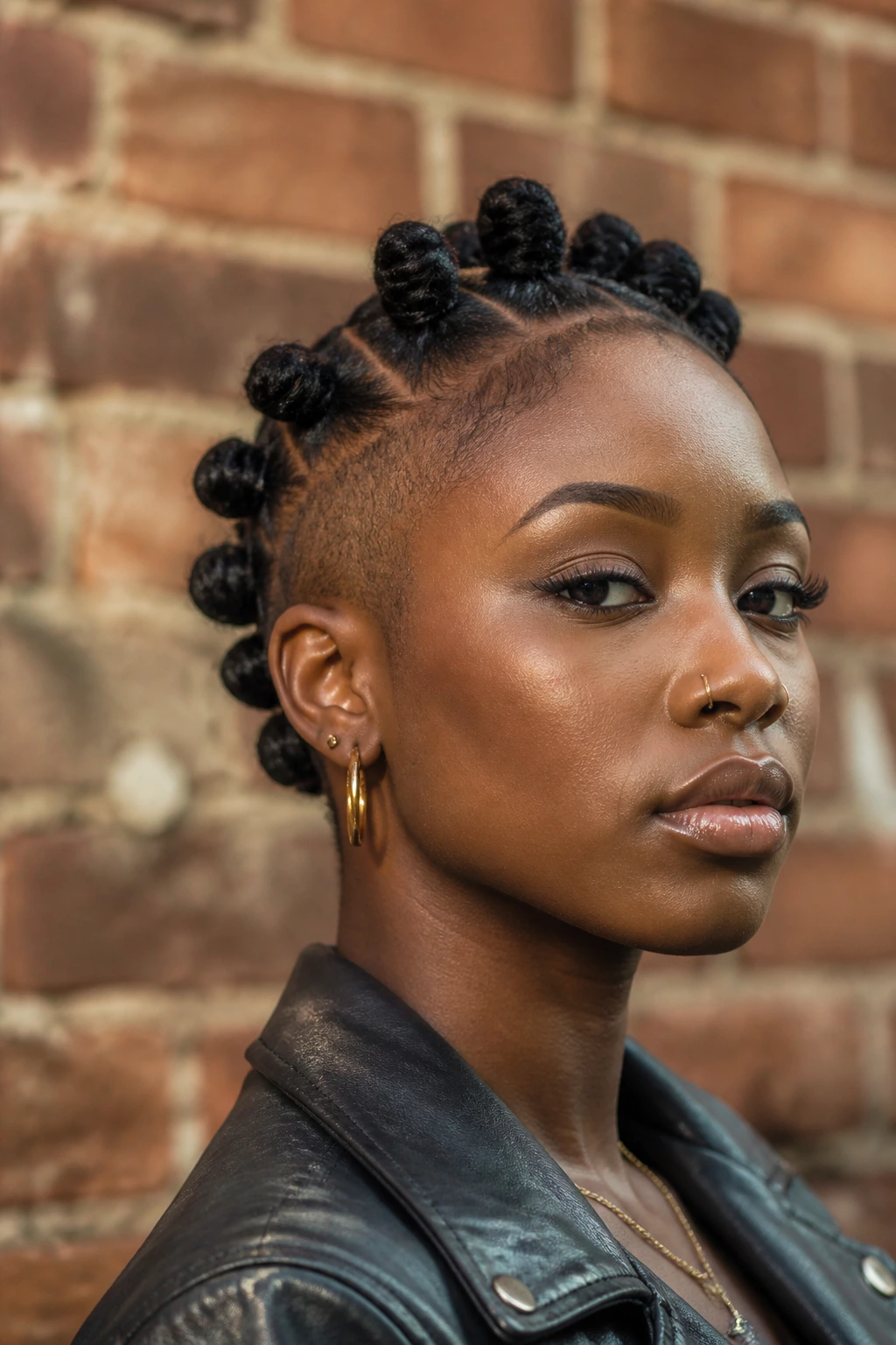 Close-up portrait of real person with centerline Bantu knot mohawk