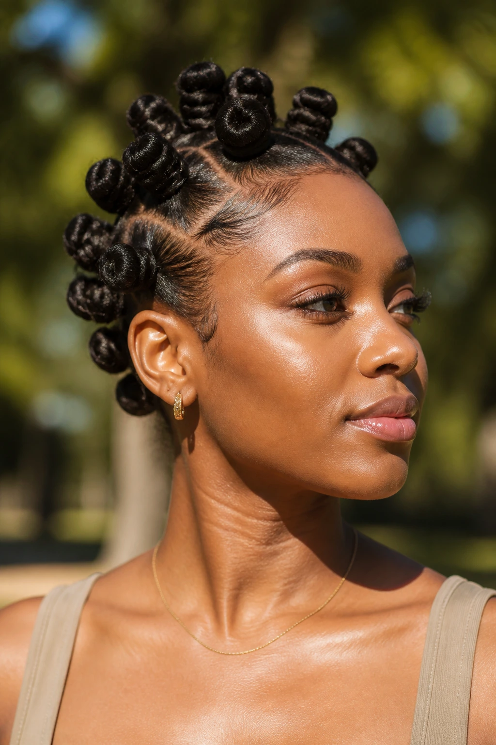 Close-up of Bantu knot Mohawk on a real person in a sunny park