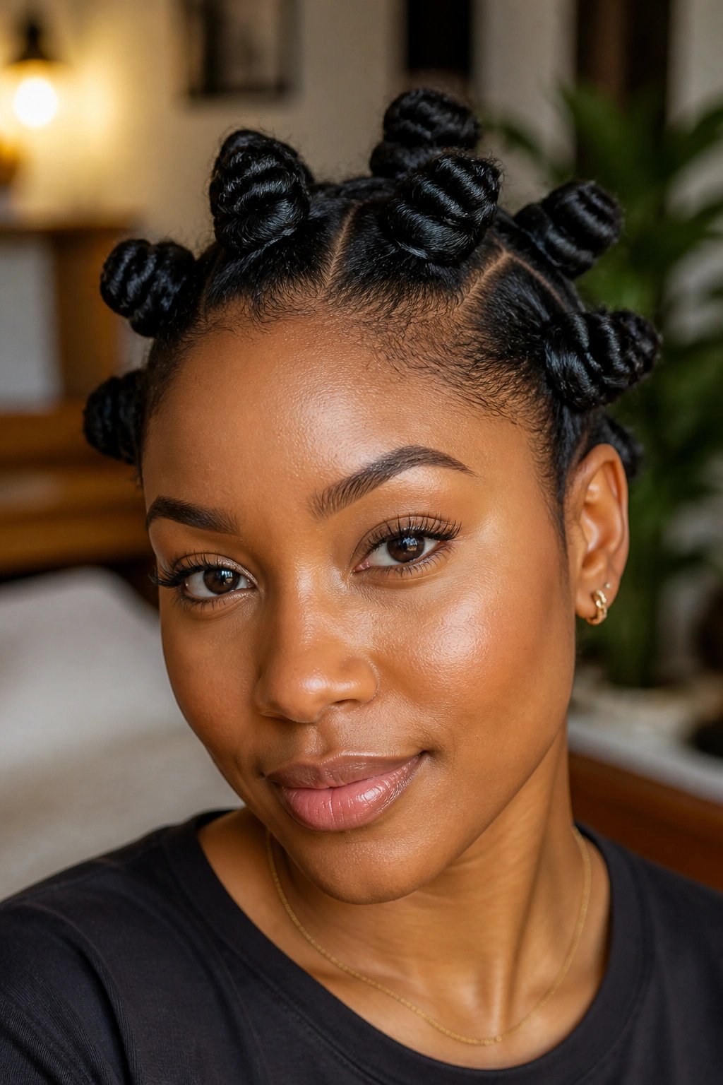 Close-up of a real woman with bantu knots all over the head