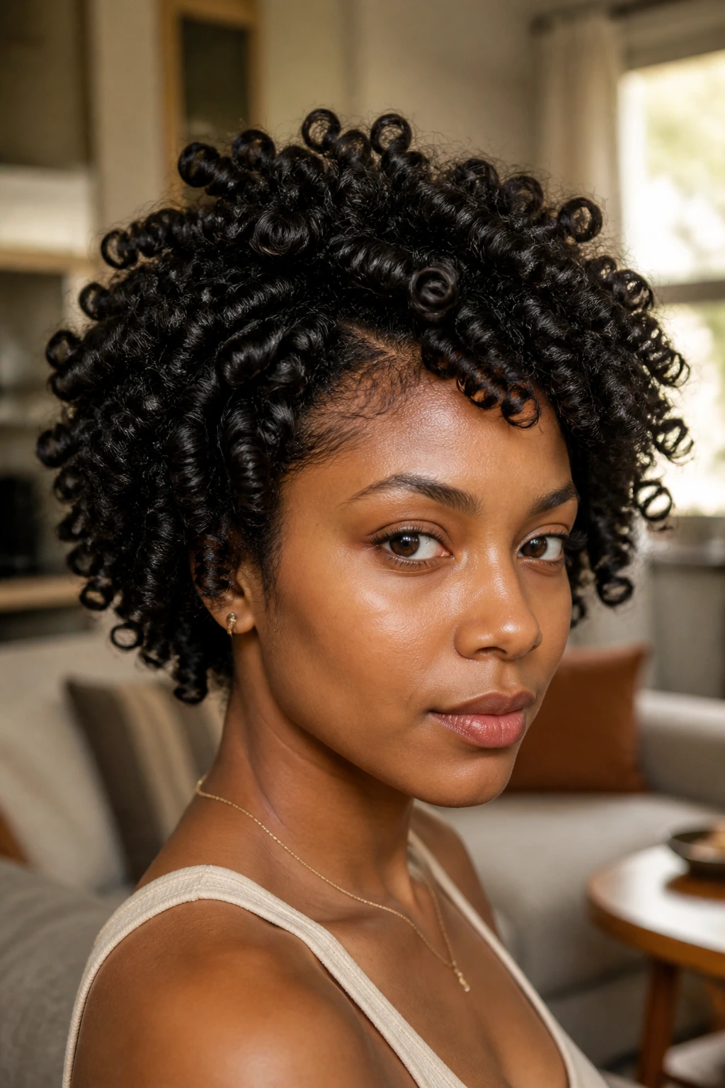 Close-up portrait of a real woman with a Bantu knot-out and defined curls