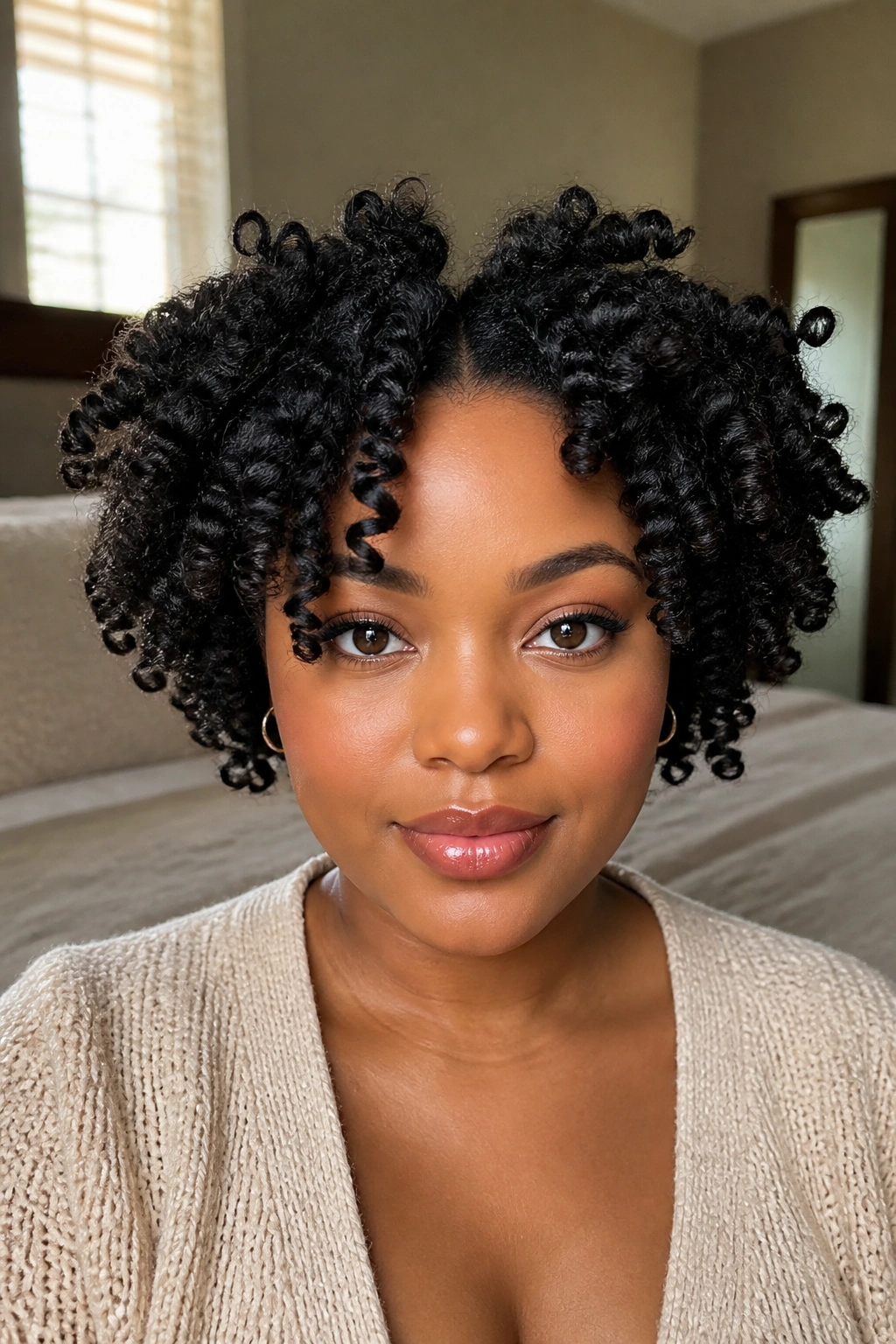Close-up of a real person with a Bantu knot-out hairstyle in a cozy bedroom