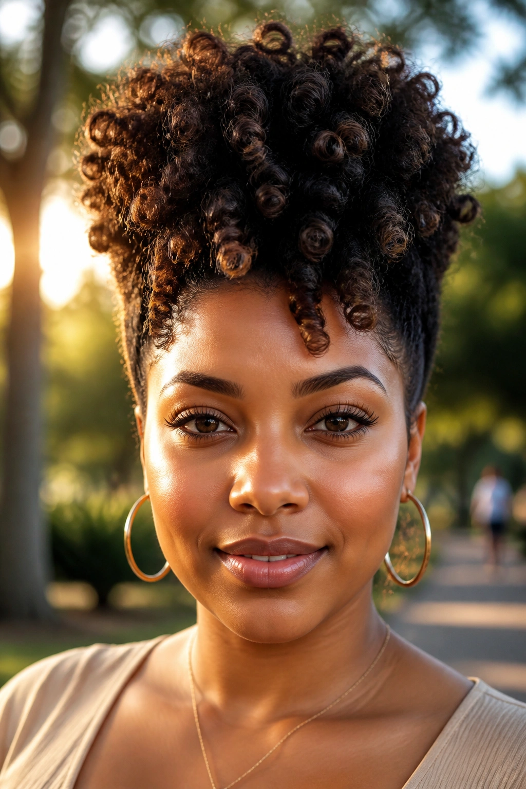 Real woman with bantu knot-out height in golden hour light