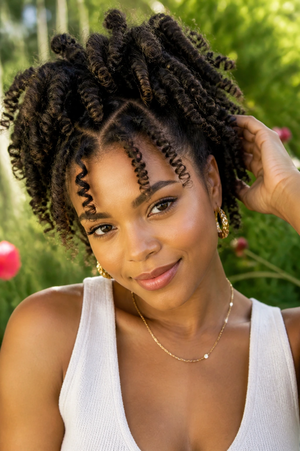 Close-up portrait of a real woman with lifted Bantu knot-out curls
