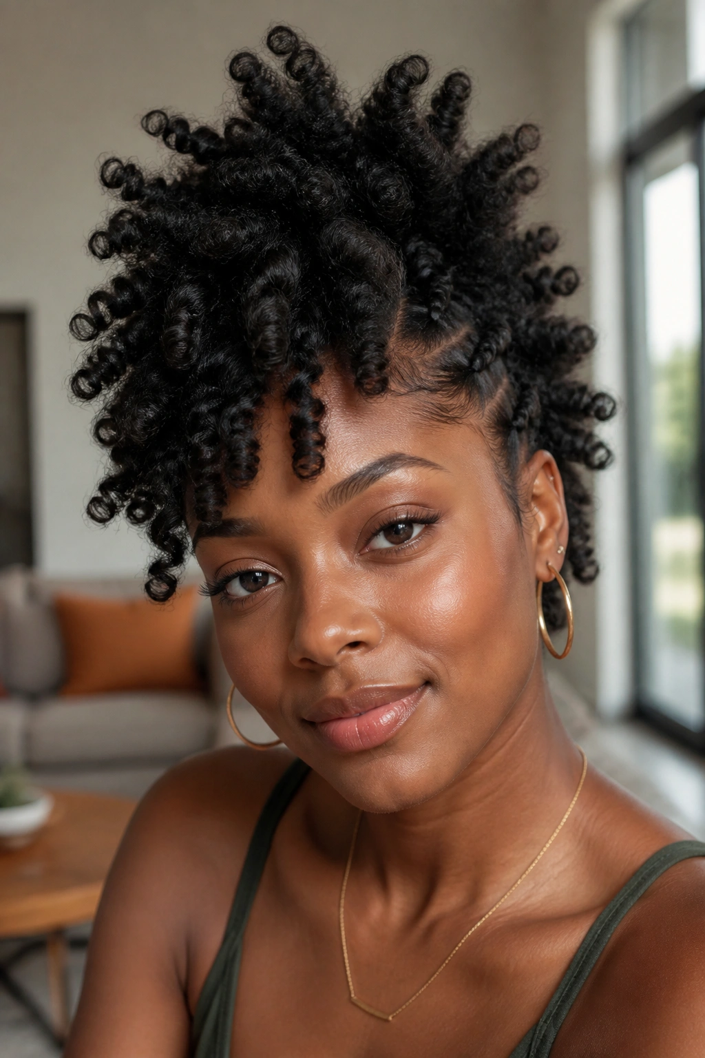 Close-up of a real person with bantu knot-out and stretched curls at the crown.