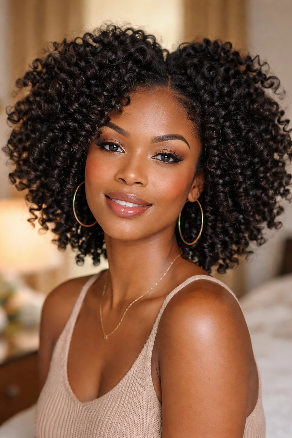 Close-up of real woman with soft springy Bantu knot-out curls.