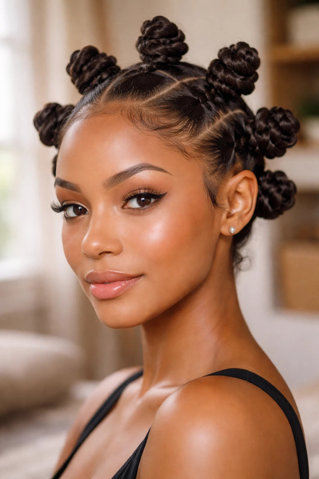 Close-up of a real woman's bantu knot set hairstyle