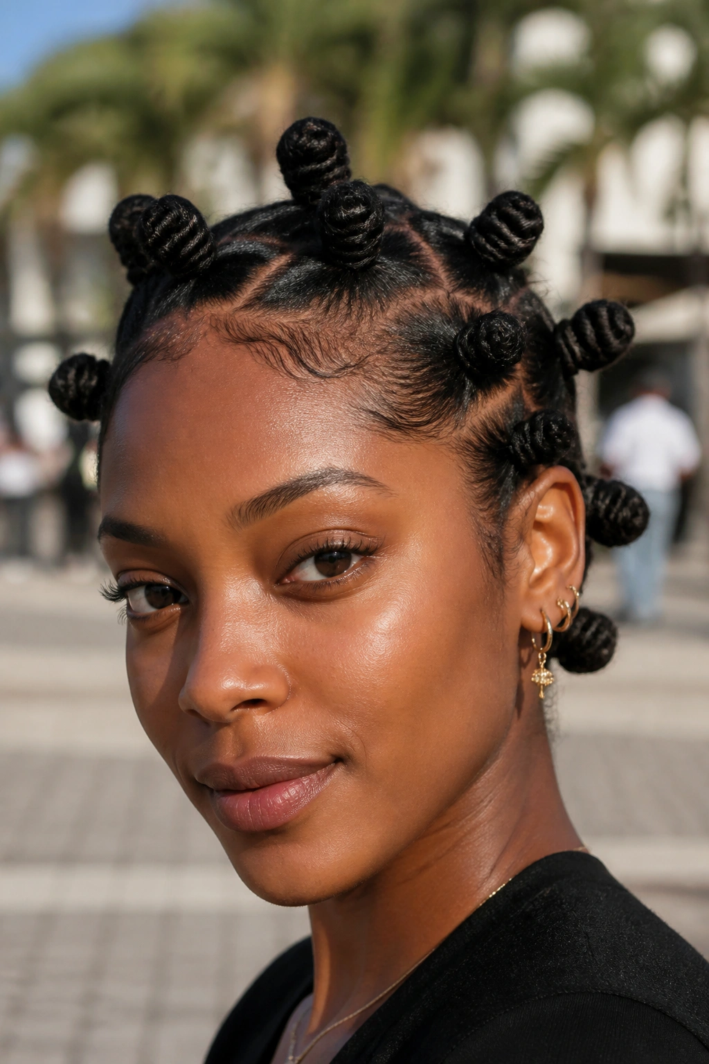 Real woman with twist ending in Bantu knots on a daylight outdoor backdrop.