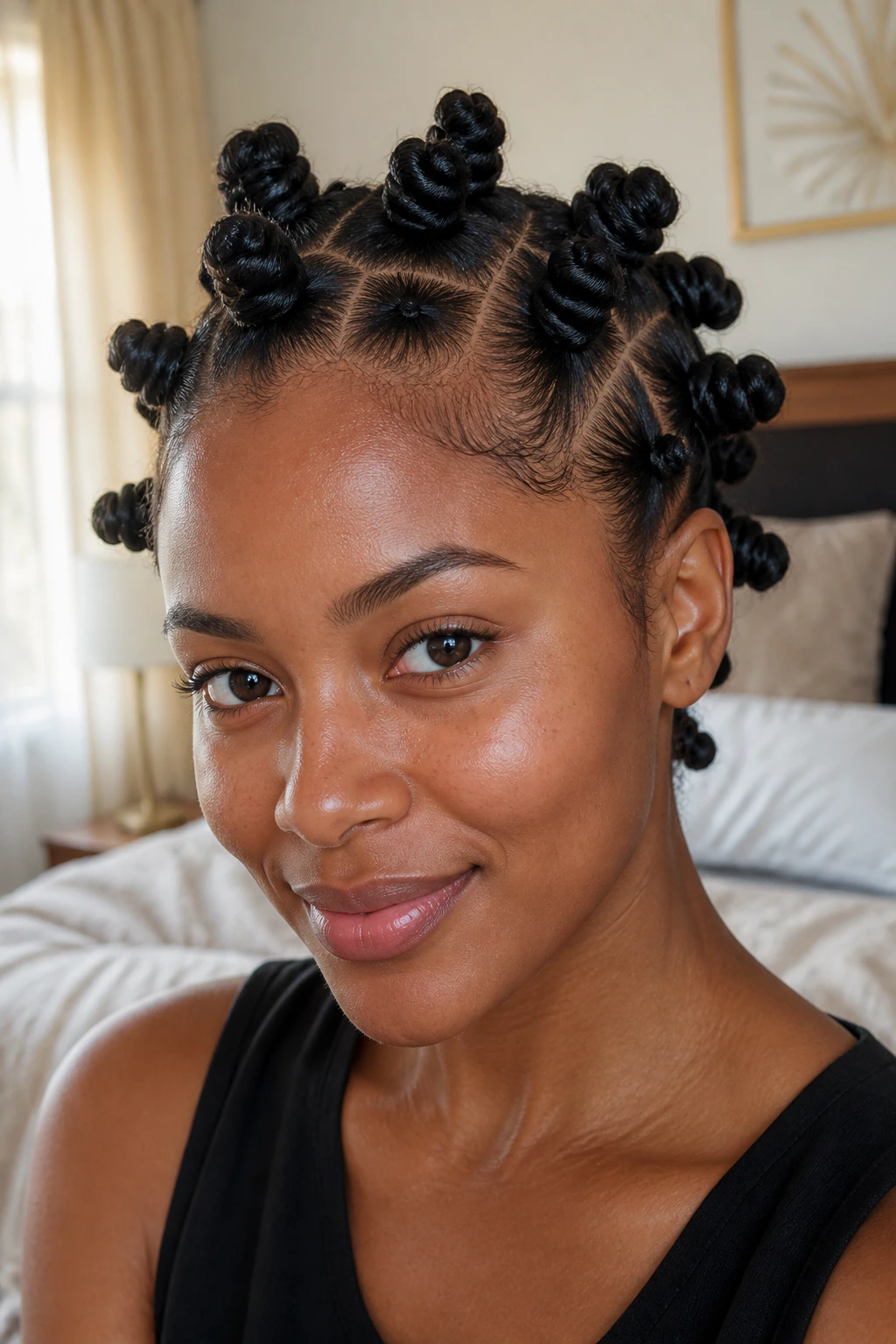 Close-up portrait of a real woman with bantu knot twists on the crown
