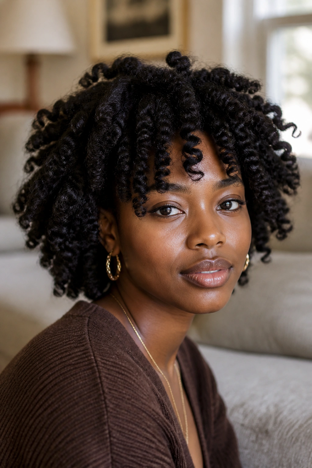 Close-up of a real person with Bantu Knot-Out With Soft Volume showing defined knots and soft volume