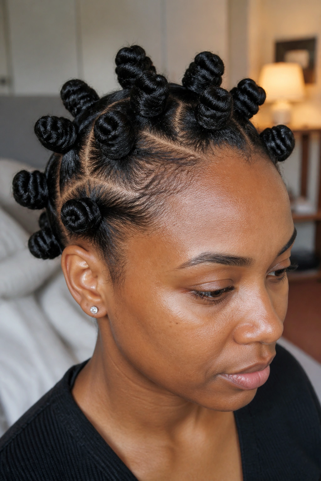 Close-up of a real woman with uniform bantu knots all over the scalp.