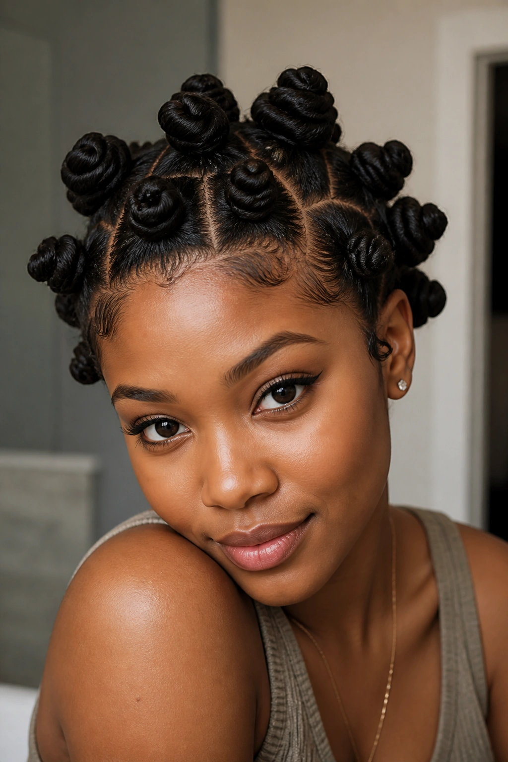 Close-up of woman with Bantu knots creating voluminous curls