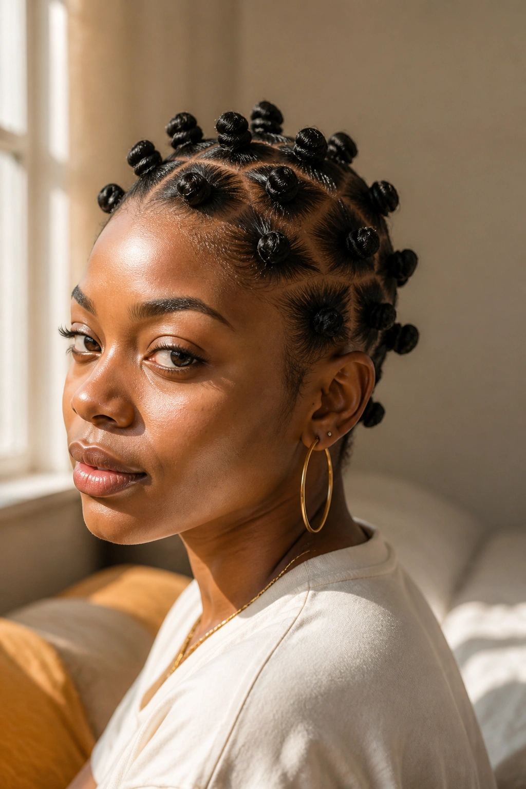 Close-up portrait of a real woman with glossy Bantu knots arranged across the scalp.