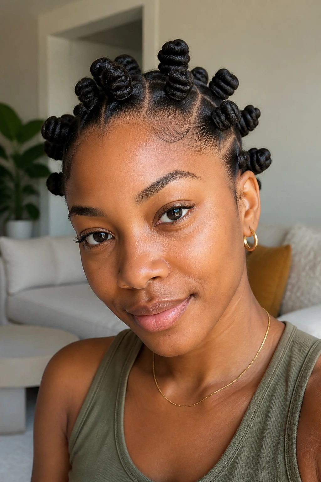 Close-up of a real person with Bantu knots across the scalp