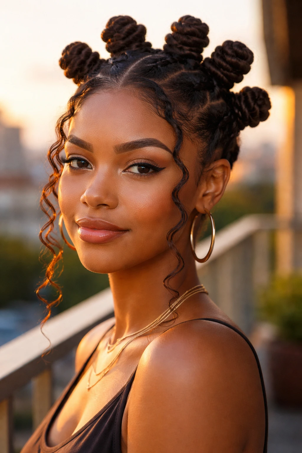 Real person with bantu knots and face-framing tendrils during golden hour on a balcony