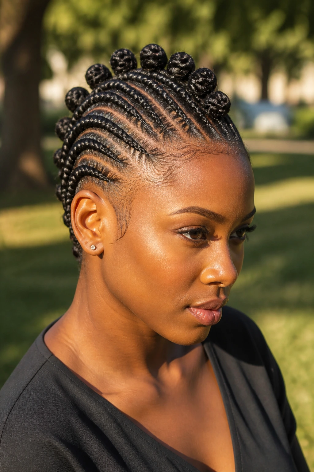 Close-up of real person with Mohawk featuring uniform Bantu knots