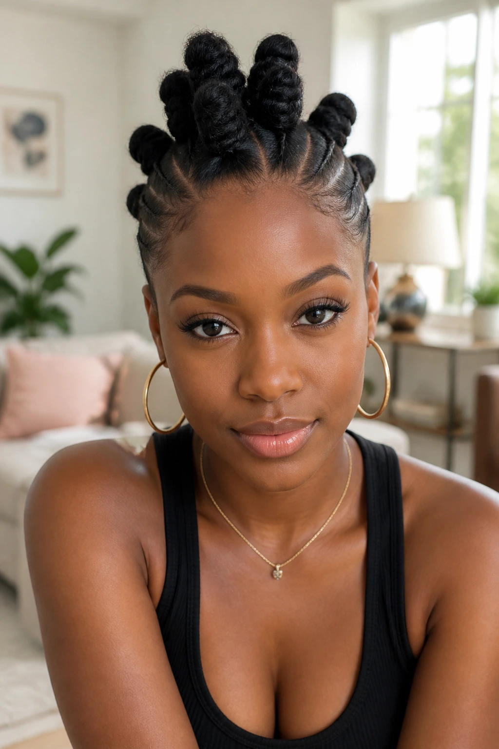 Portrait of a woman with Bantu knots arranged in a mohawk, bright living room.